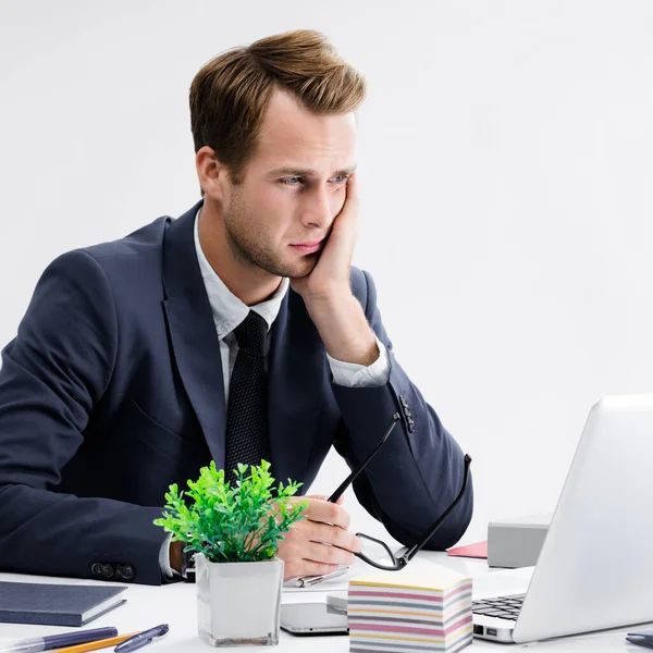 Stressed Tired Businessman Heaving Headache Holding His Head Black Suit — Stock Photo, Image