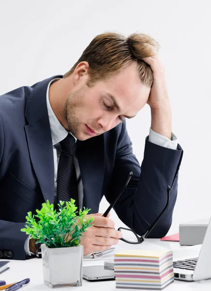 Stressed Tired Businessman Heaving Headache Holding His Head Black Suit — Stock Photo, Image
