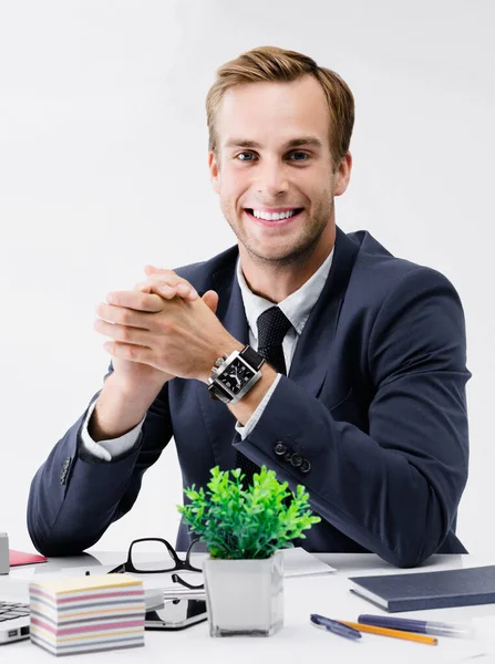 Young Happy Smiling Businessman Black Suit Office Success Business Job — Stock Photo, Image