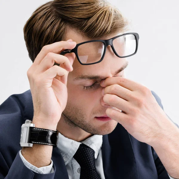 Homem Negócios Cansado Óculos Fato Preto Negócio Emprego Educação Conceito — Fotografia de Stock