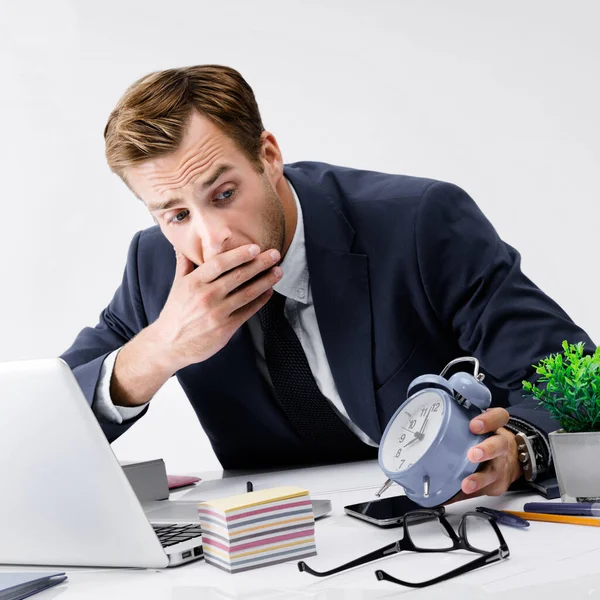 Busy Businessman Looking Alarm Clock Black Suit Working Laptop Computer — Stock Photo, Image