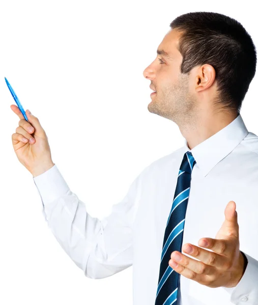 Happy Smiling Young Business Man Showing Blank Area Sign Copyspace — Stock Photo, Image