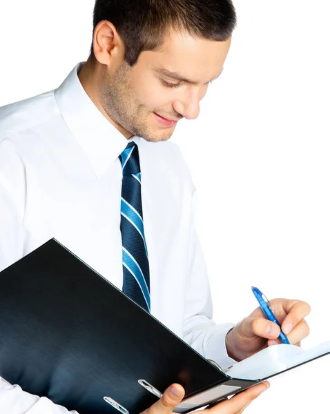 Portrait Happy Smiling Businessman Folder Isolated White Background — Stock Photo, Image