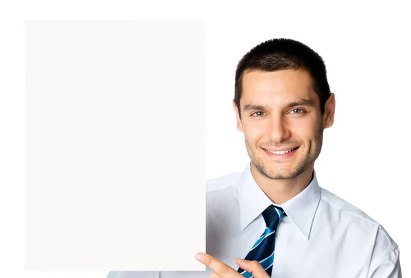 Szczęśliwy Uśmiechnięty Mężczyzna Młody Biznes Wyświetlono Szyld Puste Białym Tle — Zdjęcie stockowe