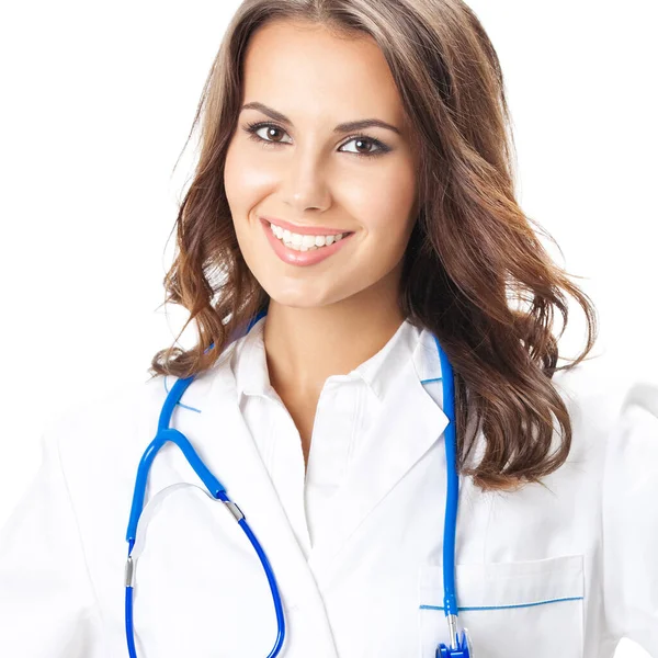 Beyaz Arka Plan Üzerinde Izole Mutlu Gülümseyen Genç Kadın Doktor — Stok fotoğraf