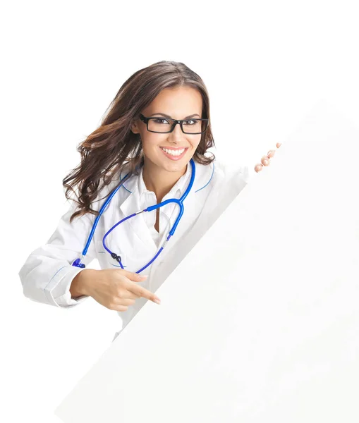 Portrait Happy Smiling Young Female Doctor Showing Blank Signboard Isolated — Stock Photo, Image