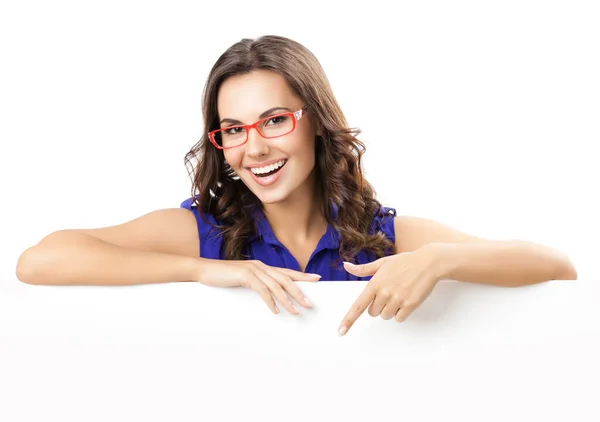 Feliz Sorrindo Bela Jovem Mulher Azul Inteligente Casual Roupas Óculos — Fotografia de Stock