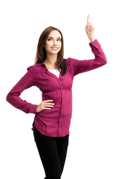 Happy Smiling Looking Young Woman Casual Smart Red Clothing Showing — Stock Photo, Image