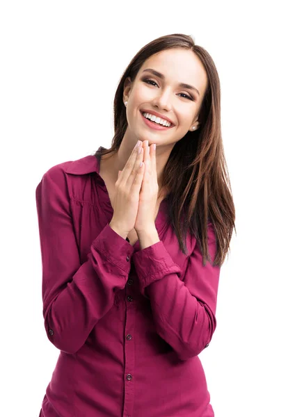 Retrato Feliz Gestos Sorrindo Jovem Mulher Casual Roupas Vermelhas Inteligentes — Fotografia de Stock