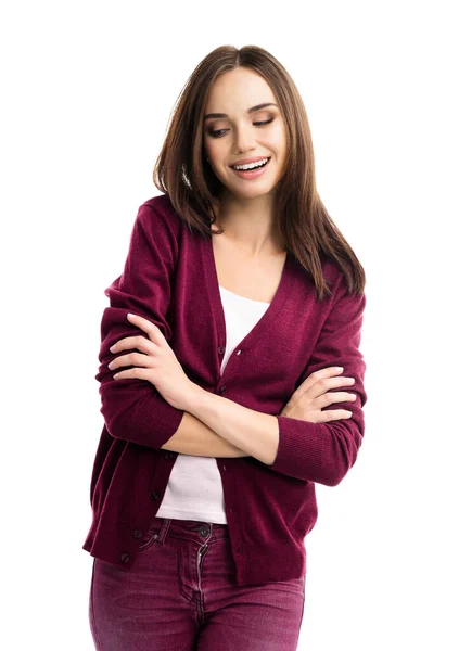 Retrato Una Joven Sonriente Vestida Rojo Elegante Casual Con Brazos —  Fotos de Stock