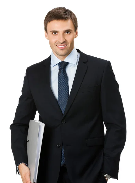灰色のフォルダーは 白い背景で隔離の幸せの笑みを浮かべてビジネス男の肖像 — ストック写真