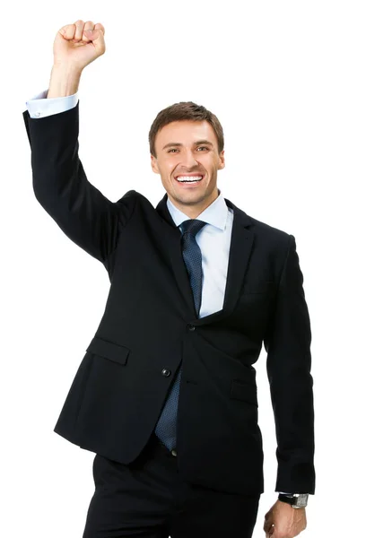 Happy Gesturing Young Smiling Business Man Isolated White Background — Stock Photo, Image