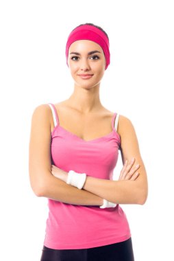 Kırmızı spor giysili kadın portresi, beyaz üzerine izole edilmiş.