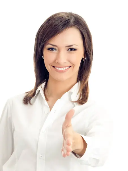 Retrato Feliz Mujer Negocios Sonriente Dando Mano Para Apretón Manos —  Fotos de Stock