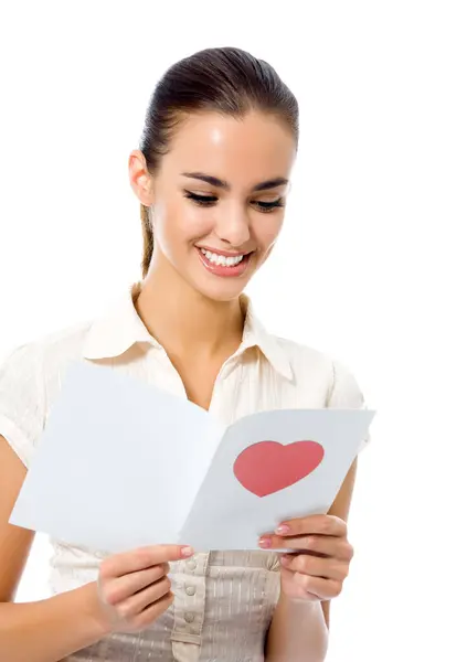 Joven Mujer Feliz Leyendo Tarjeta San Valentín Aislado Sobre Fondo — Foto de Stock