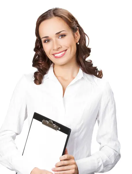 快乐微笑与剪贴板 孤立在白色背景上的年轻女商人 图库图片