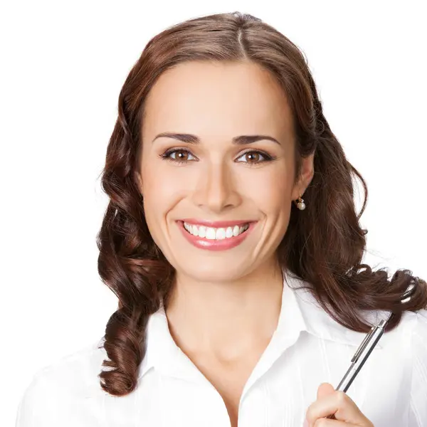 快乐的微笑用笔 在白色背景孤立的年轻女商人 图库图片