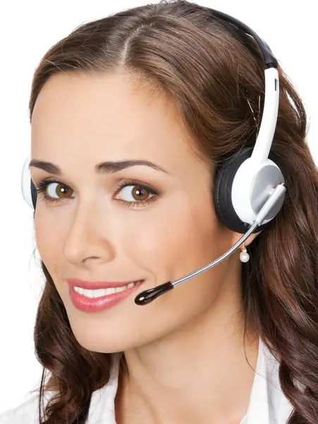 Portrét Šťastný Usmívající Veselá Mladá Podporu Telefonní Operátor Headsetu Izolovaných Stock Snímky