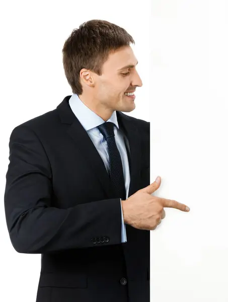 Boldog Mosolygó Fiatal Üzleti Ember Mutatja Üres Jelzőtábla Elszigetelt Fehér Stock Kép