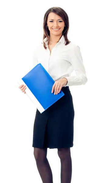 蓝色文件夹 孤立在白色背景上的幸福微笑业务女人全身画像 图库图片