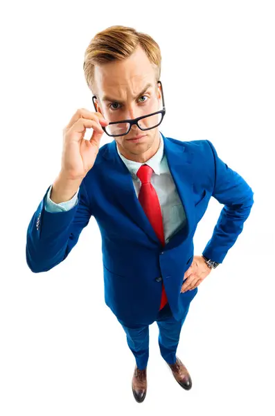 You Seriously Full Body Portrait Funny Skeptic Young Businessman Blue — Stock Photo, Image