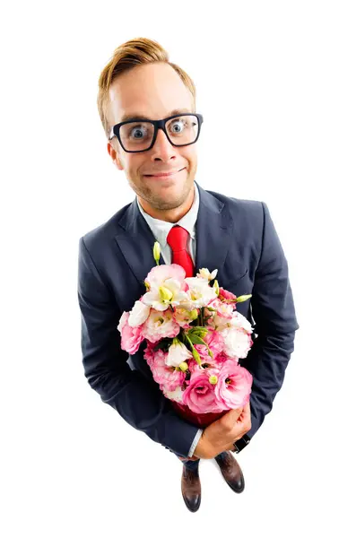 Full Body Portrait Funny Young Businessman Glasses Confident Suit Red — Stock Photo, Image
