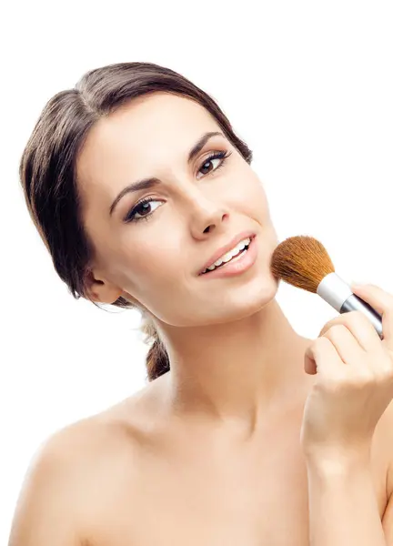Retrato Una Joven Feliz Sonriente Mujer Con Pincel Maquillaje Aislada Imagen de stock