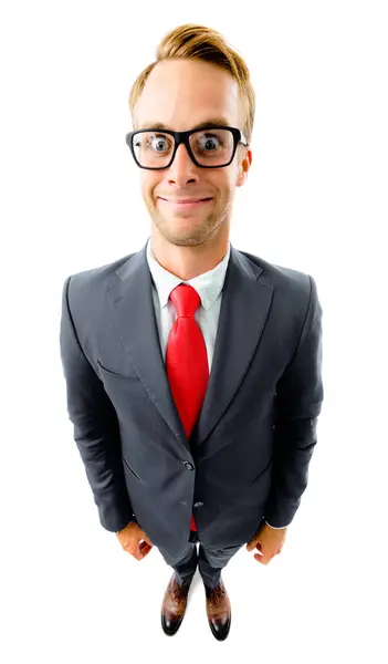 Portret Pełnego Ciała Zabawnego Młodego Biznesmena Okularach Czarny Pewny Siebie Obrazy Stockowe bez tantiem