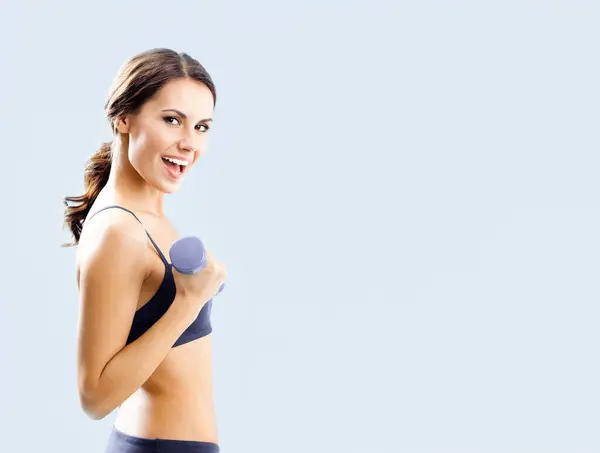 Very Happy Woman Black Fitness Wear Exercising Dumbbell Copyspace Area — Stock Photo, Image