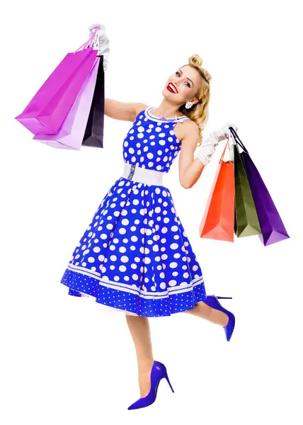 Full Body Portrait Woman Pin Style Blue Dress Polka Dot — Stock Photo, Image