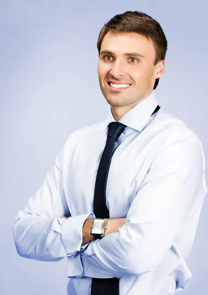 Portret Van Gelukkig Lachend Jonge Business Man Violette Achtergrond Stockfoto