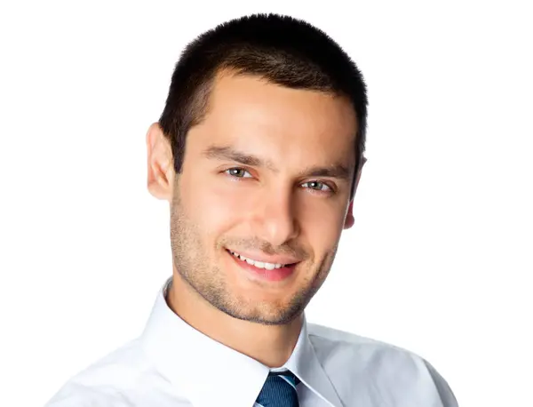 Retrato Jovem Feliz Sorridente Homem Negócios Isolado Sobre Fundo Branco — Fotografia de Stock