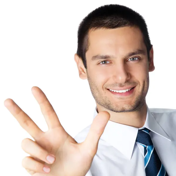 Retrato Feliz Hombre Negocios Sonriente Mostrando Tres Dedos Aislado Sobre — Foto de Stock