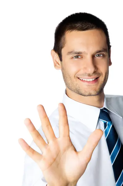 Portret Szczęśliwy Uśmiechający Się Biznesmen Wyświetlono Pięć Palców Białym Tle — Zdjęcie stockowe