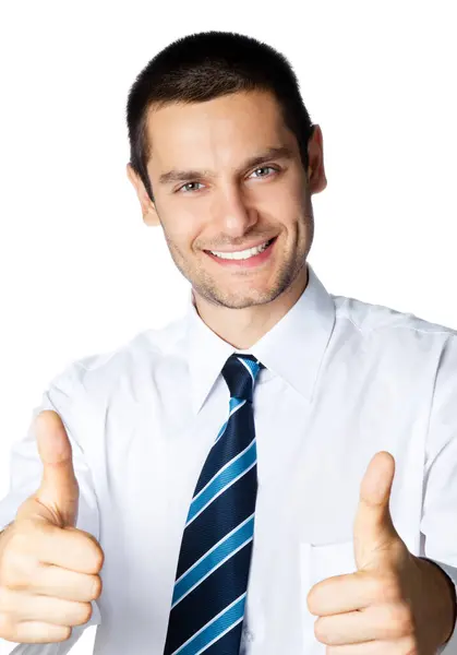 Szczęśliwy Uśmiechający Się Wesoły Biznesmen Kciuki Gest Białym Tle Nad — Zdjęcie stockowe