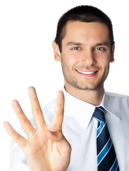 Beyaz Arka Plan Üzerinde Izole Dört Parmak Gösterilen Mutlu Gülümseyen — Stok fotoğraf