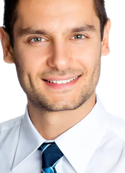 Portret Młodego Uśmiechniętego Biznesmena Odizolowanego Białym Tle — Zdjęcie stockowe