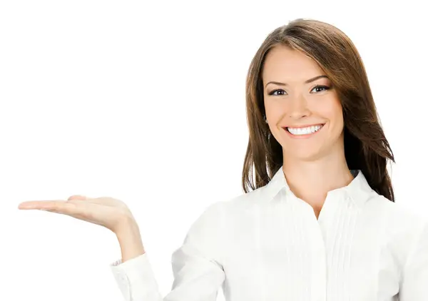 Happy Smiling Young Beautiful Business Woman Showing Blank Area Sign Stock Picture