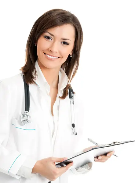 Portrait Cheerful Female Doctor Clipboard Isolated White Background Royalty Free Stock Images