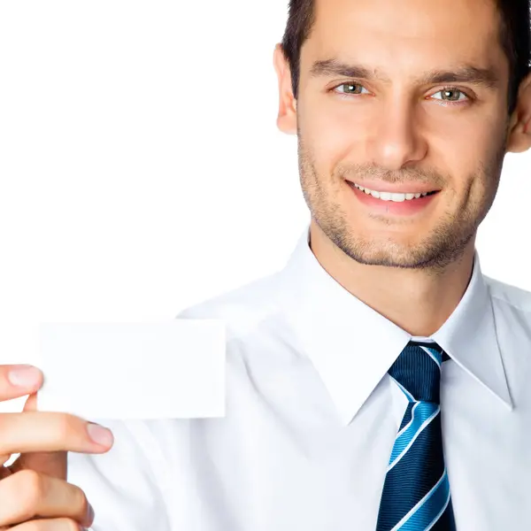 Happy Smiling Young Business Man Showing Blank Business Plastic Credit — Stock Photo, Image