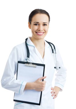 mutlu gülümseyen kadın doktor veya hemşire ile beyaz zemin üzerine izole pano portre