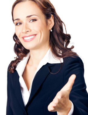 yardım etmek için el sıkışma, beyaz arka plan üzerinde izole iş kadın