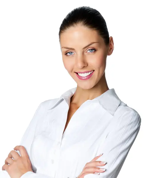 陽気な笑みを浮かべて女性実業家 白い背景の上の分離 ロイヤリティフリーのストック写真
