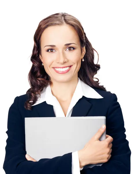 灰色的文件夹中 在白色背景上孤立的幸福微笑业务女人的肖像 图库图片