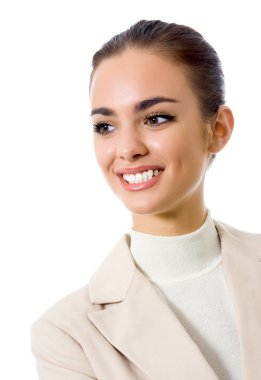 Beyaz arka plan üzerinde izole mutlu gülümseyen iş kadın portresi