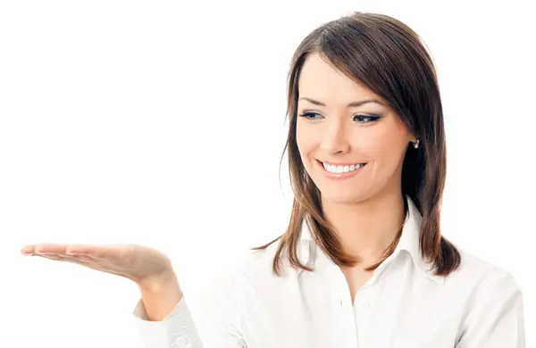 Happy Smiling Young Business Woman Showing Blank Area Sign Copyspase Stock Photo