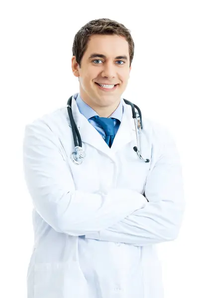 快乐的微笑医生 孤立在白色背景上的肖像 图库照片