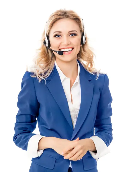 Call Center Operator Telefonie Sprijin Feminin Costum Albastru Încrezător Set — Fotografie, imagine de stoc