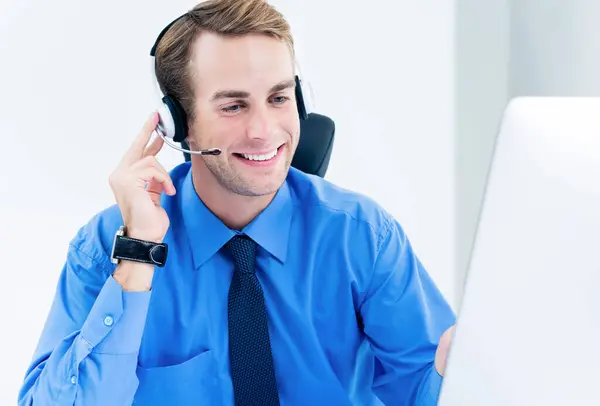 Portrait Happy Smiling Young Support Phone Male Operator Headset Blue — Stock Photo, Image