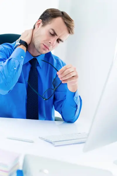 Frustrated Exhausted Tired Businessman Blue Shirt Glasses Touching Neck Desktop Stok Fotoğraf